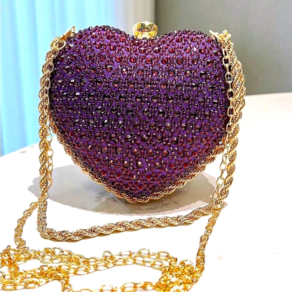 Purple Heart Shaped Rhinestone Inlaid, Metal Chain Strap Handbag / Clutch - Picture 3 of 15